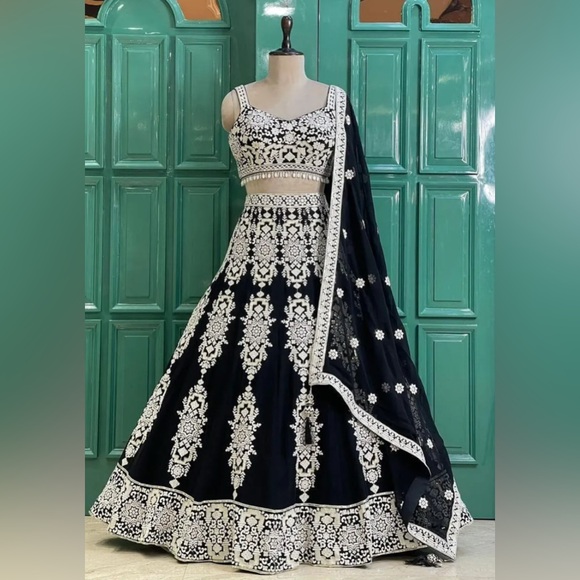 Elegant Black and White Embroidered Lehenga - Picture 1 of 4